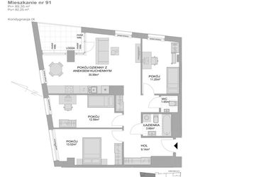 Rzut - Mieszkanie na sprzedaż 4 pokoje o powierzchni 82,25 m² - numer CP/R7/91 w Centralpark