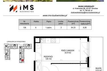 Rzut - Mieszkanie na sprzedaż 2 pokoje o powierzchni 34,37 m² - numer 136 w Krakowskie Tarasy etap V