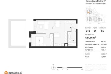 Rzut - Mieszkanie na sprzedaż 2 pokoje o powierzchni 43,09 m² - numer 69 w Koncertowa Dolina
