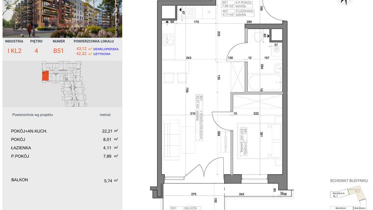 Rzut - Mieszkanie na sprzedaż 2 pokoje o powierzchni 42,22 m² - numer I-B51 w Industria etap I-B