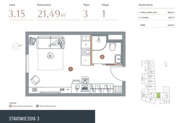 Rzut - Mieszkanie na sprzedaż 1 pokój o powierzchni 21,49 m² - numer 3.15 w Starowiejska 3