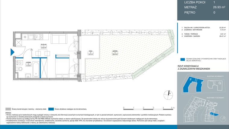 Rzut - Mieszkanie na sprzedaż 1 pokój o powierzchni 26,94 m² - numer FB0002 w Spokojny Mokotów etap II