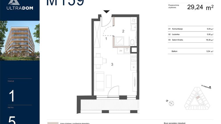 Rzut - Mieszkanie na sprzedaż 1 pokój o powierzchni 29,24 m² - numer M159 w Ultradom