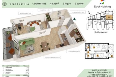 Rzut - Mieszkanie na sprzedaż 2 pokoje o powierzchni 46,85 m² - numer B1.M26 w Tutaj Bunscha