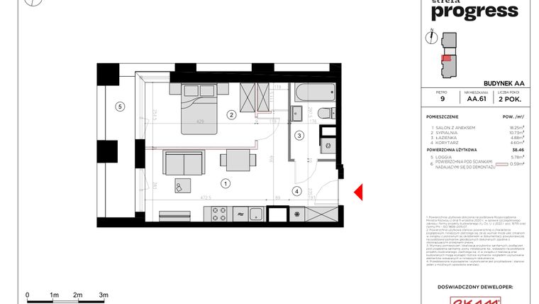 Rzut - Mieszkanie na sprzedaż 2 pokoje o powierzchni 38,89 m² - numer AA.61 w Strefa PROGRESS