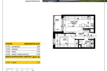 Rzut - Mieszkanie na sprzedaż 2 pokoje o powierzchni 38,77 m² - numer A 9.04 w Park Moniuszki II C