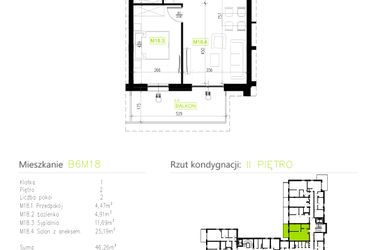 Rzut - Mieszkanie na sprzedaż 2 pokoje o powierzchni 46,26 m² - numer B6M18 w Osiedle Natura Park etap II