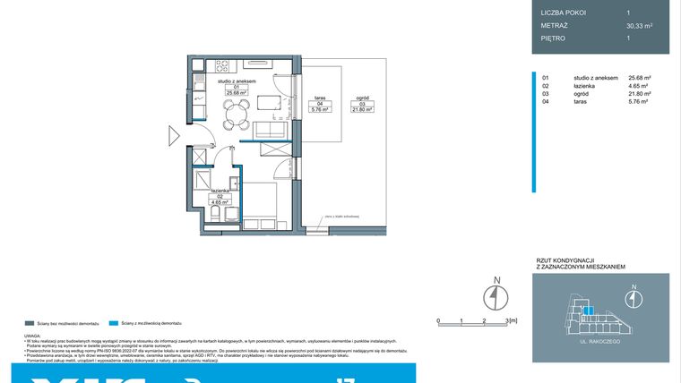 Rzut - Mieszkanie na sprzedaż 1 pokój o powierzchni 30,38 m² - numer A.1.12 w Rakoczego 17