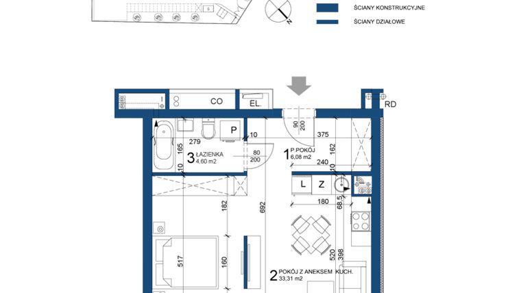Rzut - Mieszkanie na sprzedaż 1 pokój o powierzchni 43,99 m² - numer 86 w Bursztynowy Dom