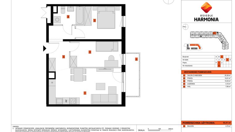 Rzut - Mieszkanie na sprzedaż 3 pokoje o powierzchni 53,51 m² - numer C.62 w Osiedle Harmonia