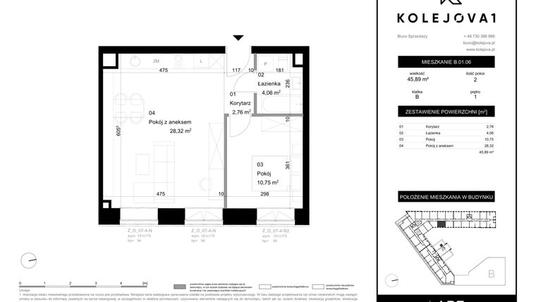Rzut - Mieszkanie na sprzedaż 2 pokoje o powierzchni 45,89 m² - numer B-01-06 w Kolejova 1