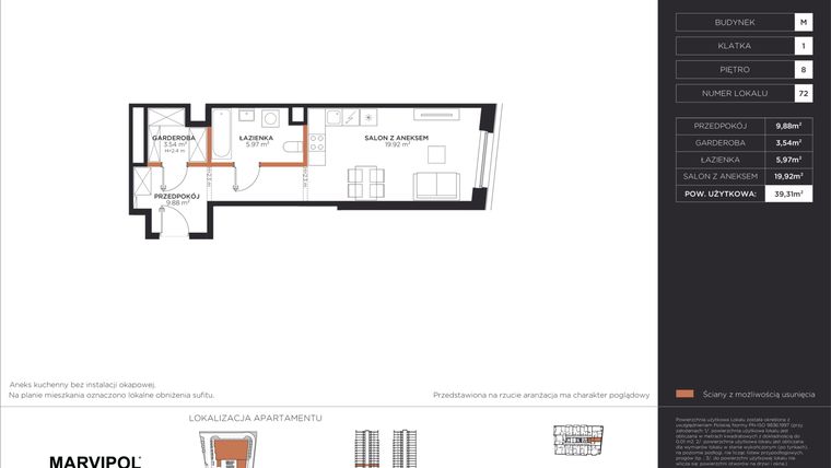 Rzut - Mieszkanie na sprzedaż 1 pokój o powierzchni 39,31 m² - numer M072 w Aleje 138