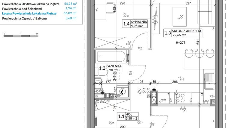 Rzut - Mieszkanie na sprzedaż 3 pokoje o powierzchni 56,89 m² - numer 85B w Osiedle Młodych etap VI