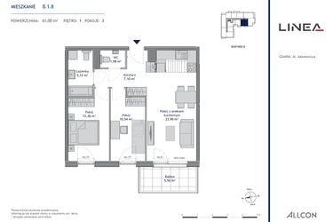 Rzut - Mieszkanie na sprzedaż 3 pokoje o powierzchni 61 m² - numer B.1.8 w Linea