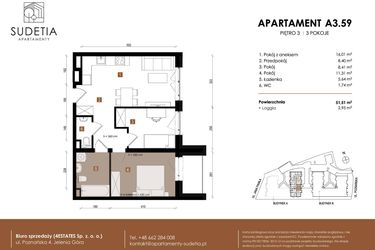 Rzut - Mieszkanie na sprzedaż 3 pokoje o powierzchni 51,51 m² - numer A 3.59 w Apartamenty Sudetia