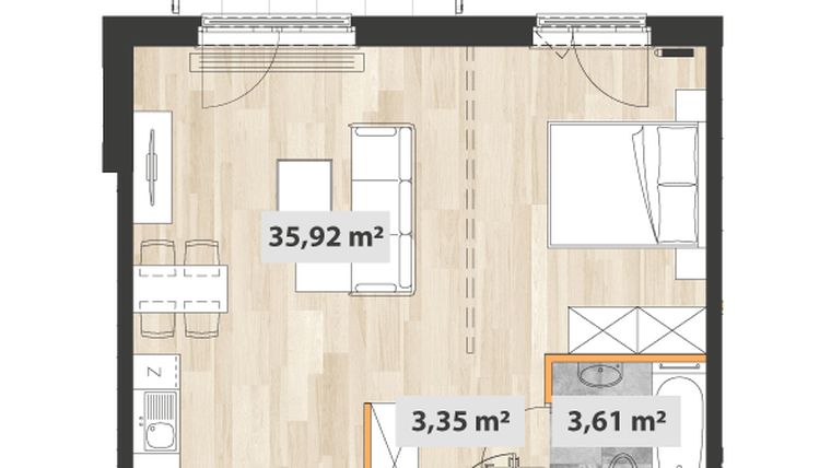 Rzut - Mieszkanie na sprzedaż 1 pokój o powierzchni 43,51 m² - numer A.04.08 w Na Okrzei