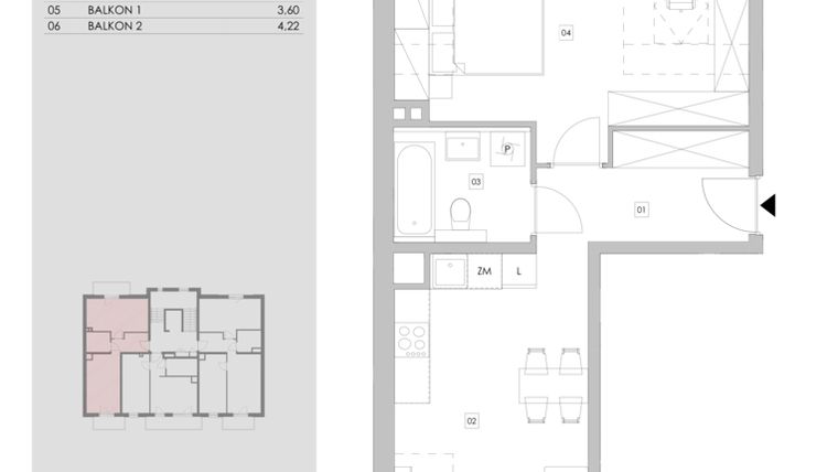 Rzut - Mieszkanie na sprzedaż 2 pokoje o powierzchni 44,35 m² - numer 92.3.12 w ATAL Bronowice