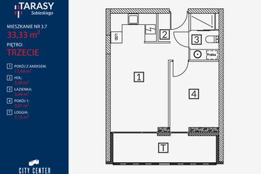 Rzut - Mieszkanie na sprzedaż 2 pokoje o powierzchni 33,33 m² - numer B2.M.3.7 w Tarasy Sobieskiego