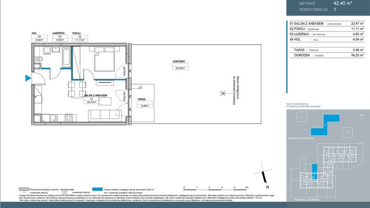 Rzut - Mieszkanie na sprzedaż 2 pokoje o powierzchni 42,45 m² - numer D1.1.07 w Nordic Bemowo - etap IV