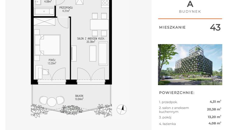 Rzut - Mieszkanie na sprzedaż 2 pokoje o powierzchni 41,97 m² - numer 43 w Semiramis