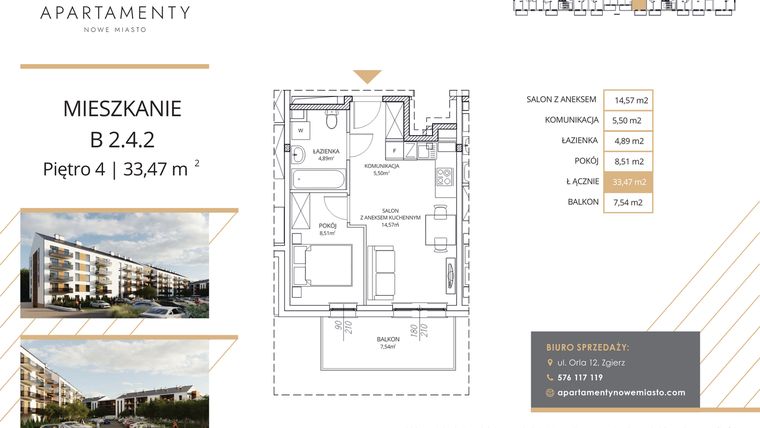 Rzut - Mieszkanie na sprzedaż 2 pokoje o powierzchni 33,47 m² - numer B2.4.2 w Apartamenty Nowe Miasto