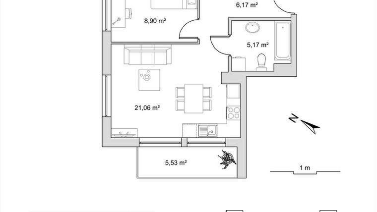 Rzut - Mieszkanie na sprzedaż 2 pokoje o powierzchni 44,87 m² - numer 6.6 w Vela Park bud. 6