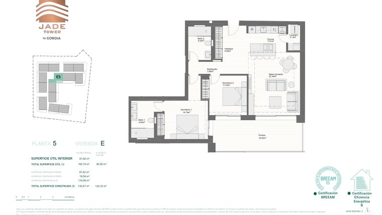 Rzut - Mieszkanie na sprzedaż 2 pokoje o powierzchni 100,79 m² - numer 5E w Jade Tower - Cordia