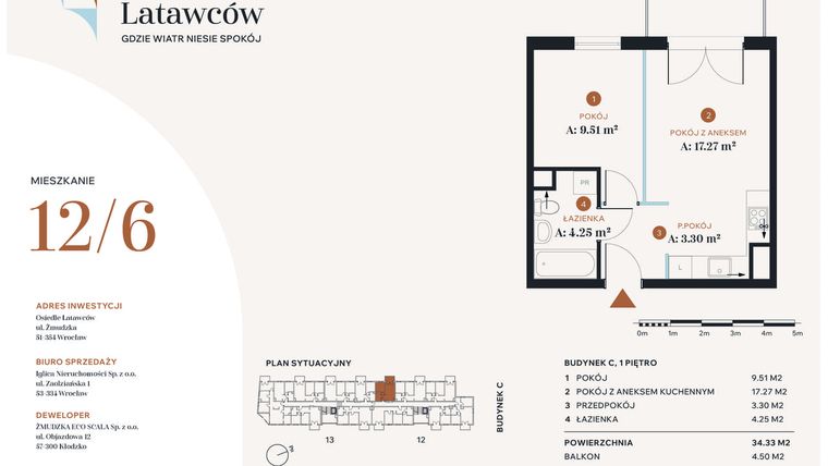 Rzut - Mieszkanie na sprzedaż 2 pokoje o powierzchni 34,33 m² - numer C12-6 w Osiedle Latawców