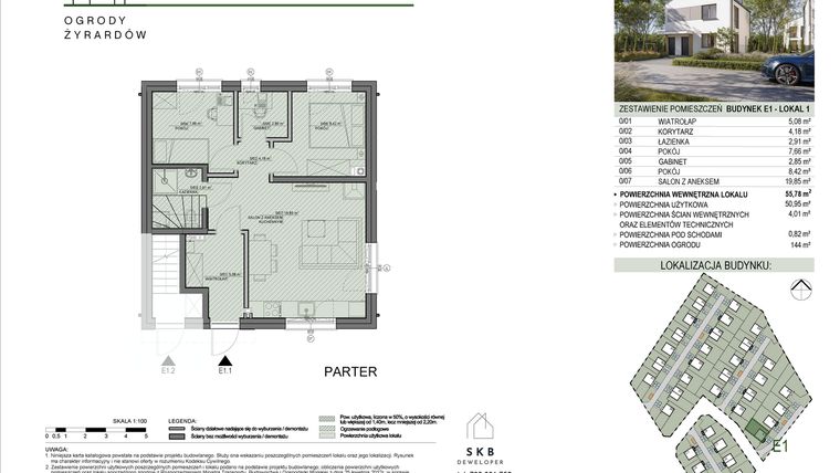 Rzut - Mieszkanie na sprzedaż 3 pokoje o powierzchni 55,78 m² - numer E1.1 w Ogrody Żyrardów etap E