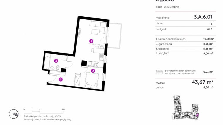 Rzut - Mieszkanie na sprzedaż 1 pokój o powierzchni 43,67 m² - numer 3.A.6.01 w Murapol Agosto