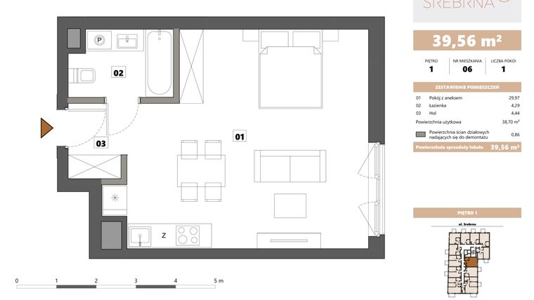 Rzut - Mieszkanie na sprzedaż 1 pokój o powierzchni 39,56 m² - numer 6 w Srebrna 5