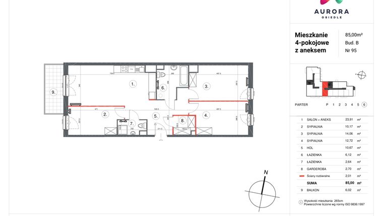 Rzut - Mieszkanie na sprzedaż 4 pokoje o powierzchni 85,01 m² - numer B-95 w Osiedle Aurora