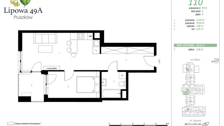 Rzut - Mieszkanie na sprzedaż 2 pokoje o powierzchni 45,23 m² - numer 110B w Lipowa 49A - Apartamenty inwestycyjne