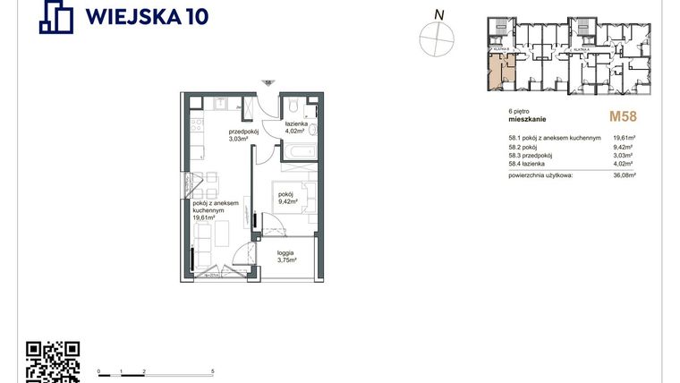 Rzut - Mieszkanie na sprzedaż 2 pokoje o powierzchni 36,08 m² - numer 58 w Wiejska 10