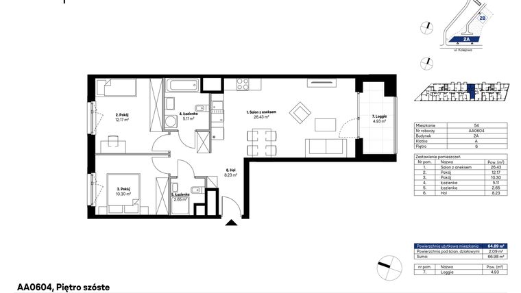 Rzut - Mieszkanie na sprzedaż 3 pokoje o powierzchni 64,88 m² - numer AA0604 w NU2 Warszawa Wola