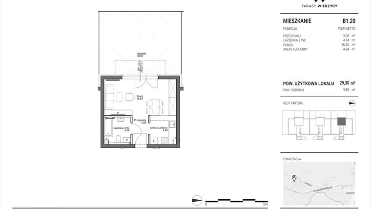 Rzut - Mieszkanie na sprzedaż 1 pokój o powierzchni 29,3 m² - numer B1.20 w Tarasy Wierzycy