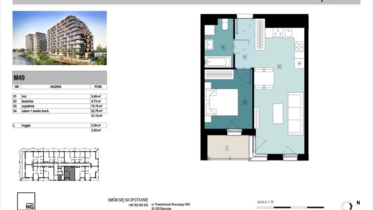Rzut - Mieszkanie na sprzedaż 2 pokoje o powierzchni 41,07 m² - numer D49 w Panorama Kwiatkowskiego