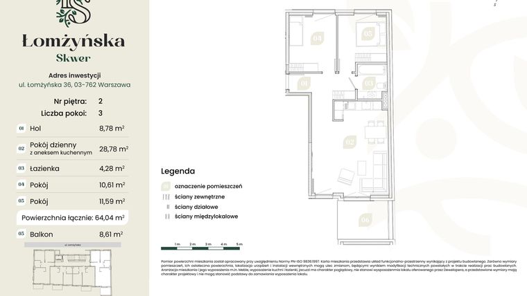 Rzut - Mieszkanie na sprzedaż 3 pokoje o powierzchni 64,04 m² - numer 8 w Łomżyńska Skwer