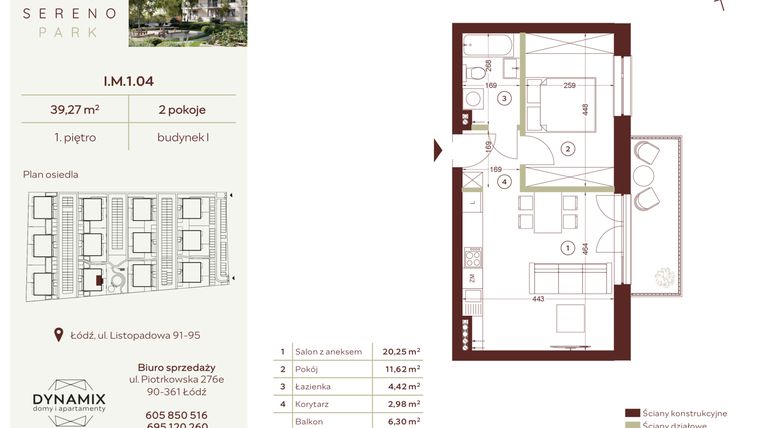 Rzut - Mieszkanie na sprzedaż 2 pokoje o powierzchni 39,27 m² - numer I.M.1.04 w Sereno Park