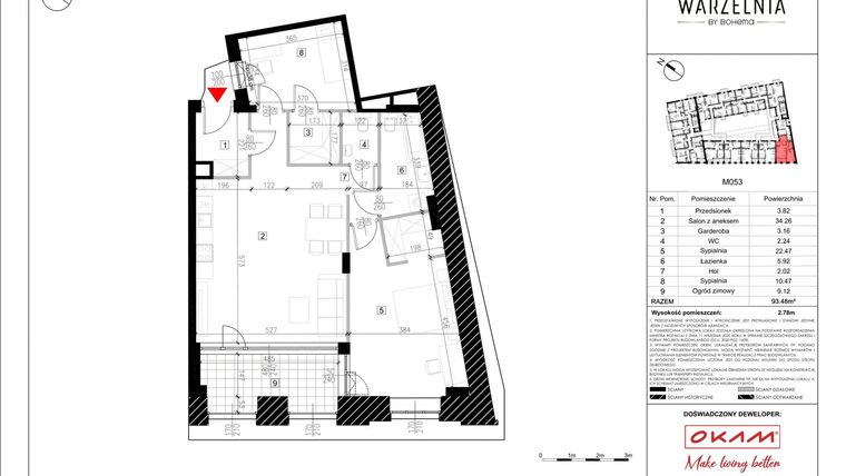 Rzut - Mieszkanie na sprzedaż 3 pokoje o powierzchni 85,08 m² - numer M053 w Warzelnia by Bohema