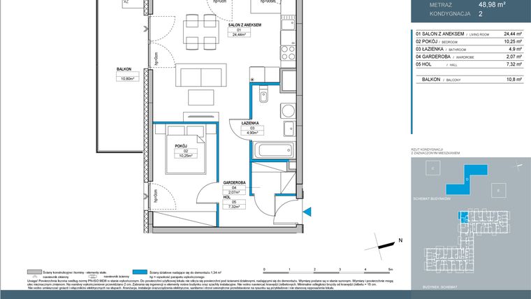 Rzut - Mieszkanie na sprzedaż 2 pokoje o powierzchni 48,98 m² - numer D2.2.03 w Nordic Bemowo - etap IV