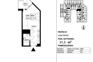 Rzut - Mieszkanie na sprzedaż 1 pokój o powierzchni 31,3 m² - numer 323 w Apollo Resort