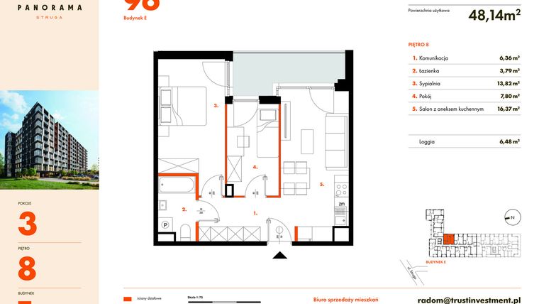 Rzut - Mieszkanie na sprzedaż 3 pokoje o powierzchni 48,14 m² - numer E96 w Panorama Struga
