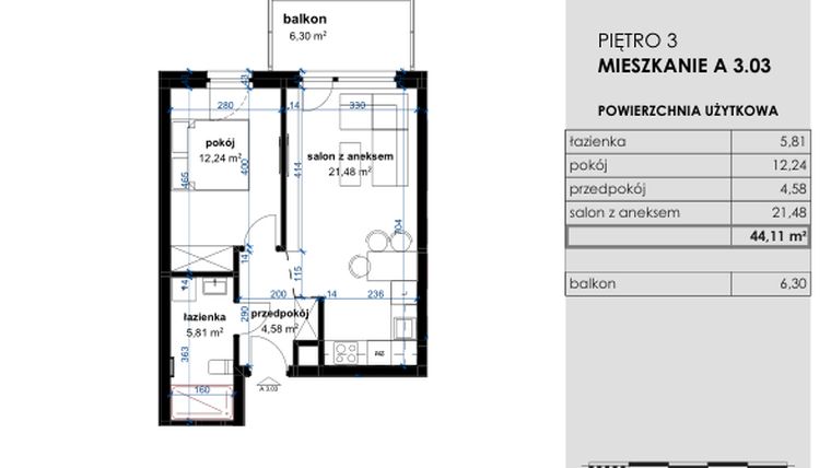 Rzut - Mieszkanie na sprzedaż 2 pokoje o powierzchni 44,11 m² - numer A 3.03 w Osiedle Kwiatowe