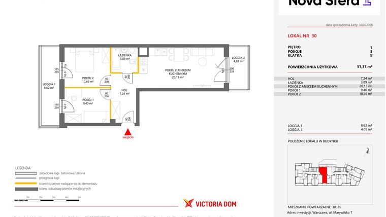 Rzut - Mieszkanie na sprzedaż 3 pokoje o powierzchni 51,37 m² - numer 30 w Miasteczko Nova Sfera 4