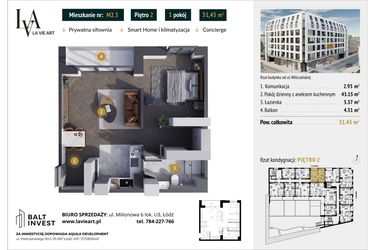 Rzut - Mieszkanie na sprzedaż 1 pokój o powierzchni 51,45 m² - numer M2.3 w La Vie Art