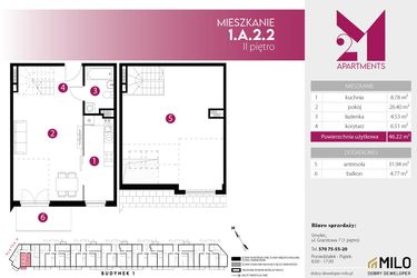 Rzut - Mieszkanie na sprzedaż 2 pokoje o powierzchni 78,16 m² - numer 1.A.2.2 w Maślice Wrocław Milo Dobry Deweloper etap IV