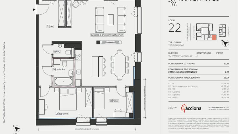 Rzut - Mieszkanie na sprzedaż 3 pokoje o powierzchni 95,54 m² - numer 22 w Kamienna 28