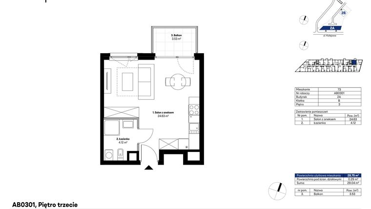 Rzut - Mieszkanie na sprzedaż 1 pokój o powierzchni 28,75 m² - numer AB0301 w NU2 Warszawa Wola