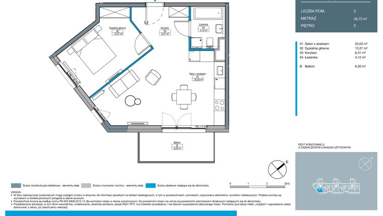 Rzut - Mieszkanie na sprzedaż 2 pokoje o powierzchni 48,73 m² - numer DC0204 w Talarowa Park II